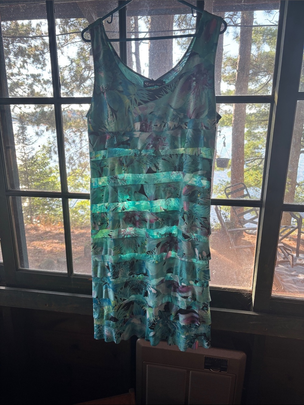 Sleeveless Teal Tropical-Print Dress
